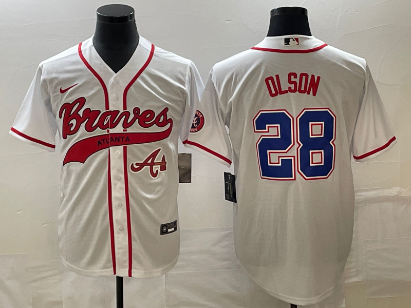 Men's White Atlanta Braves #28 Matt Olson Cool Base With Patch Stitched Baseball Jersey